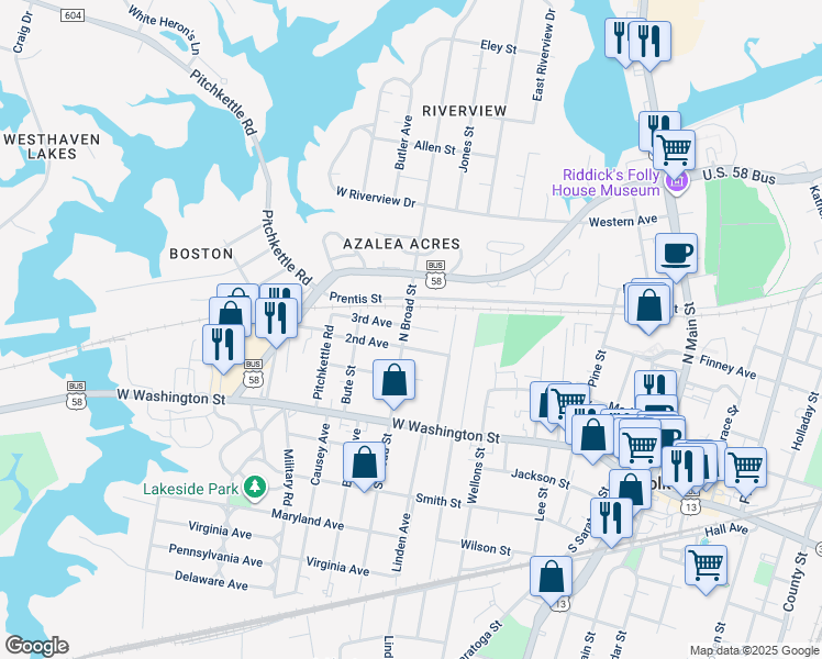 map of restaurants, bars, coffee shops, grocery stores, and more near 308 North Broad Street in Suffolk