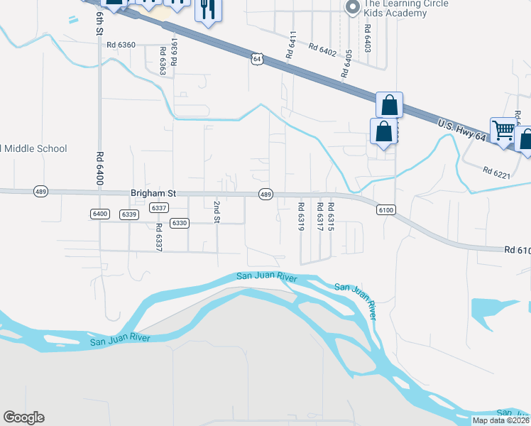 map of restaurants, bars, coffee shops, grocery stores, and more near 431 Road 6100 in Kirtland