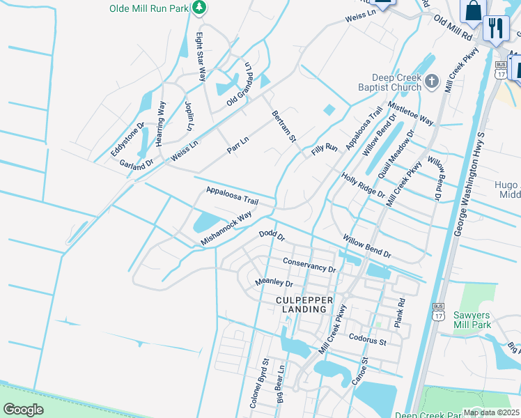 map of restaurants, bars, coffee shops, grocery stores, and more near 401 Mishannock Way in Chesapeake