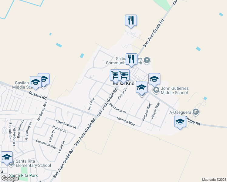 map of restaurants, bars, coffee shops, grocery stores, and more near 307 San Juan Grade Road in Salinas