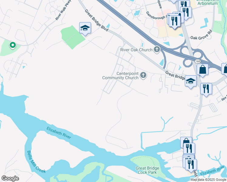 map of restaurants, bars, coffee shops, grocery stores, and more near 217 Wildlife Trace in Chesapeake