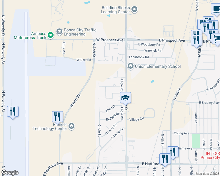 map of restaurants, bars, coffee shops, grocery stores, and more near 401 Martha Avenue in Ponca City