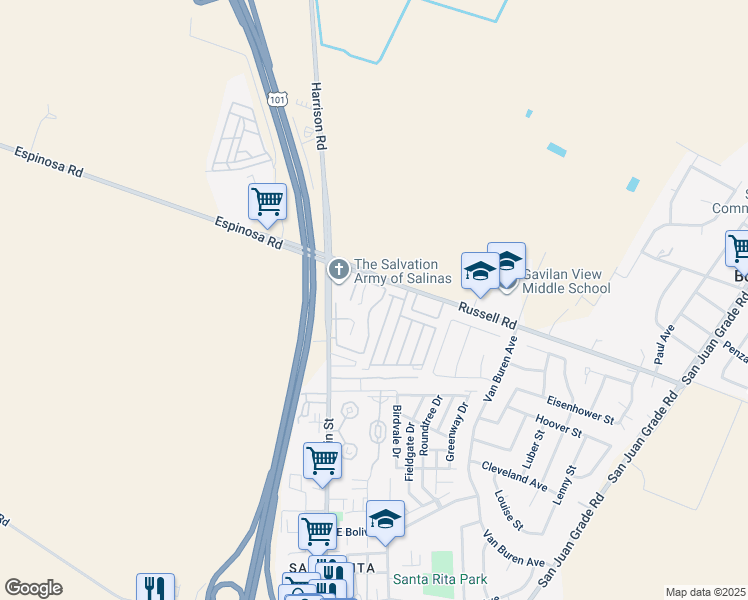 map of restaurants, bars, coffee shops, grocery stores, and more near 2432 North Main Street in Salinas
