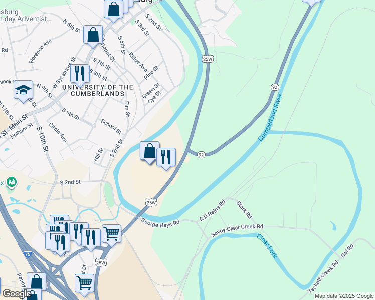 map of restaurants, bars, coffee shops, grocery stores, and more near Kentucky 92 in Williamsburg