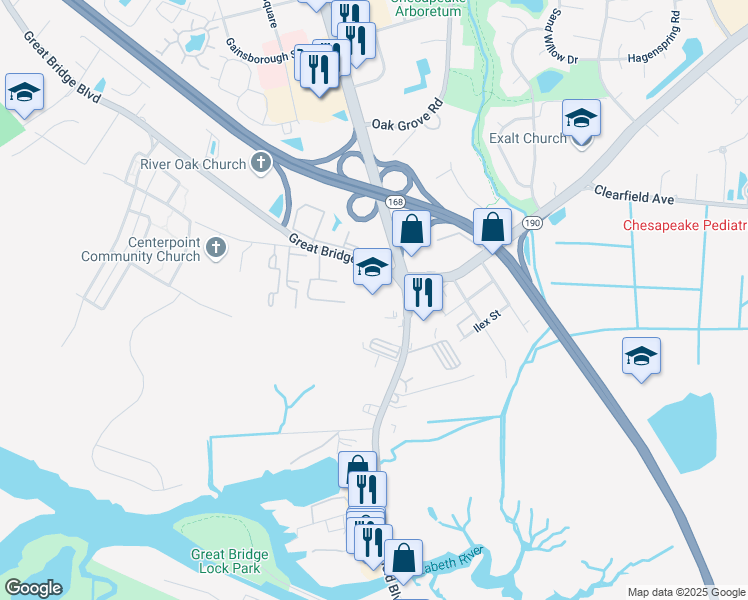 map of restaurants, bars, coffee shops, grocery stores, and more near 472 North Battlefield Boulevard in Chesapeake