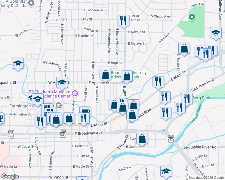 map of restaurants, bars, coffee shops, grocery stores, and more near 319 North Buena Vista Avenue in Farmington