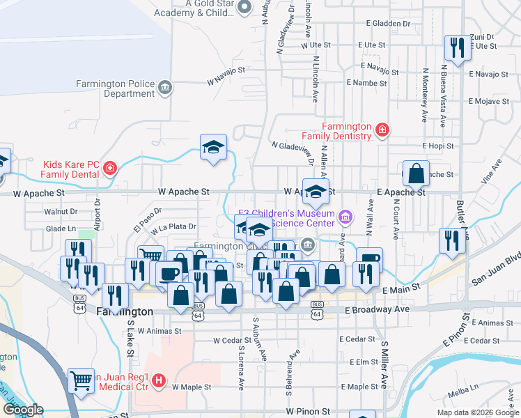 map of restaurants, bars, coffee shops, grocery stores, and more near 493 West Apache Street in Farmington