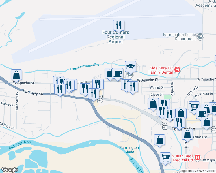 map of restaurants, bars, coffee shops, grocery stores, and more near 1251 West Apache Street in Farmington