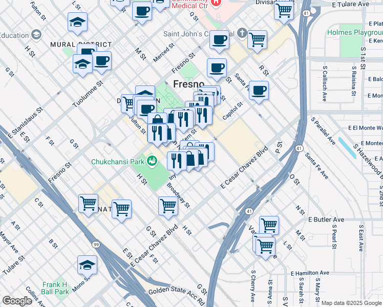 map of restaurants, bars, coffee shops, grocery stores, and more near 2127 Inyo Street in Fresno