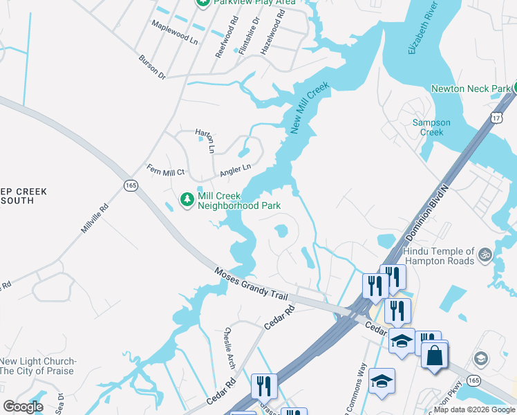 map of restaurants, bars, coffee shops, grocery stores, and more near 1944 Lancing Crest Lane in Chesapeake