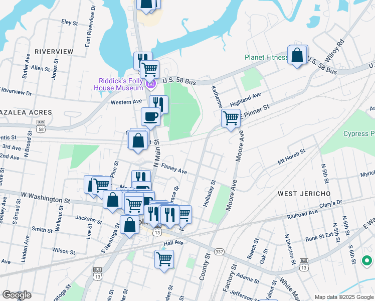map of restaurants, bars, coffee shops, grocery stores, and more near 107 Grayson Court in Suffolk