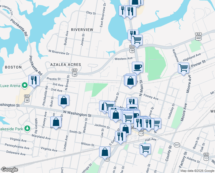 map of restaurants, bars, coffee shops, grocery stores, and more near 247 Chestnut St in Suffolk