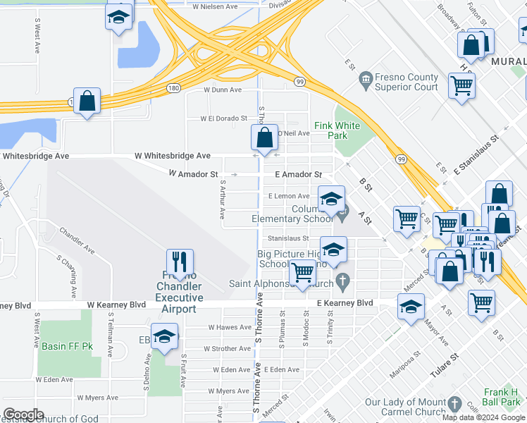 map of restaurants, bars, coffee shops, grocery stores, and more near 943 South Thorne Avenue in Fresno
