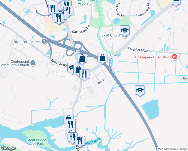 map of restaurants, bars, coffee shops, grocery stores, and more near 124 Taxus Street in Chesapeake