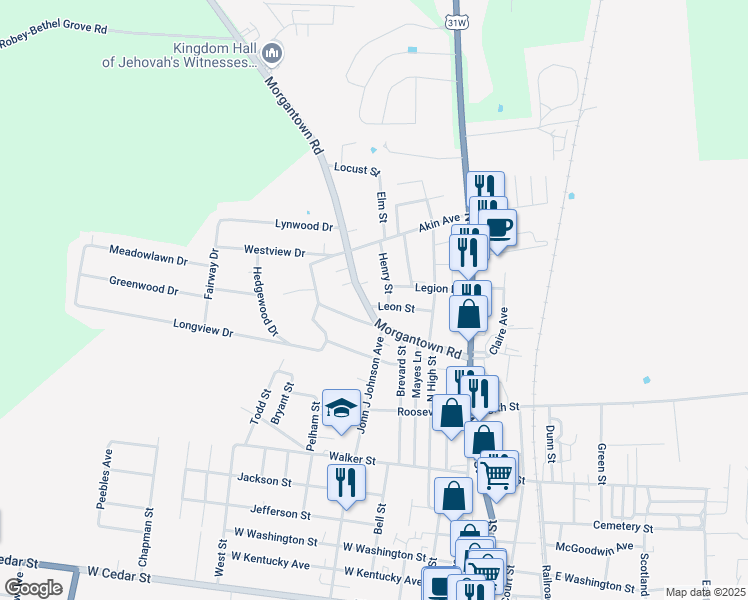 map of restaurants, bars, coffee shops, grocery stores, and more near 410 Morgantown Road in Franklin