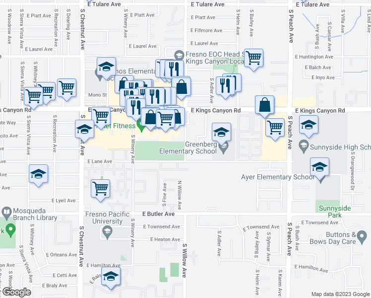 map of restaurants, bars, coffee shops, grocery stores, and more near S Willow Ave & E Alta Ave in Fresno