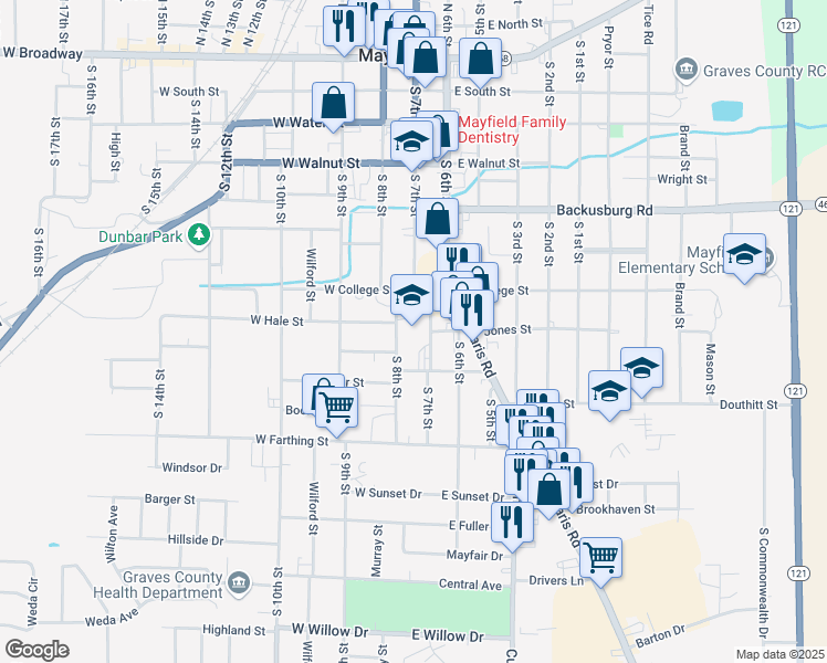 map of restaurants, bars, coffee shops, grocery stores, and more near 112 West College Street in Mayfield