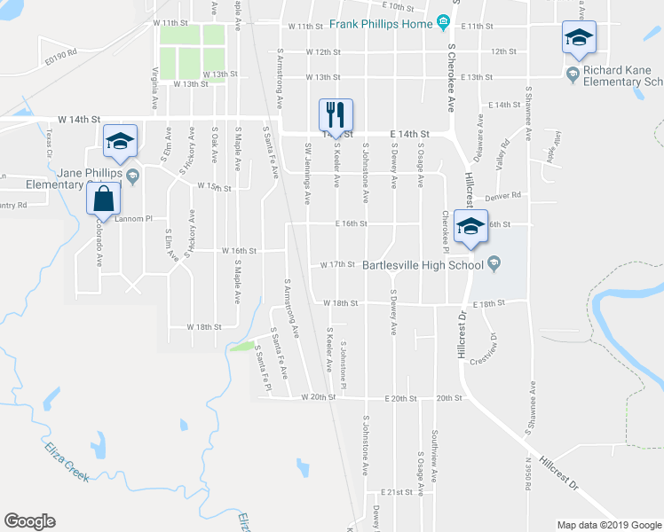 map of restaurants, bars, coffee shops, grocery stores, and more near 1701 South Keeler Avenue in Bartlesville