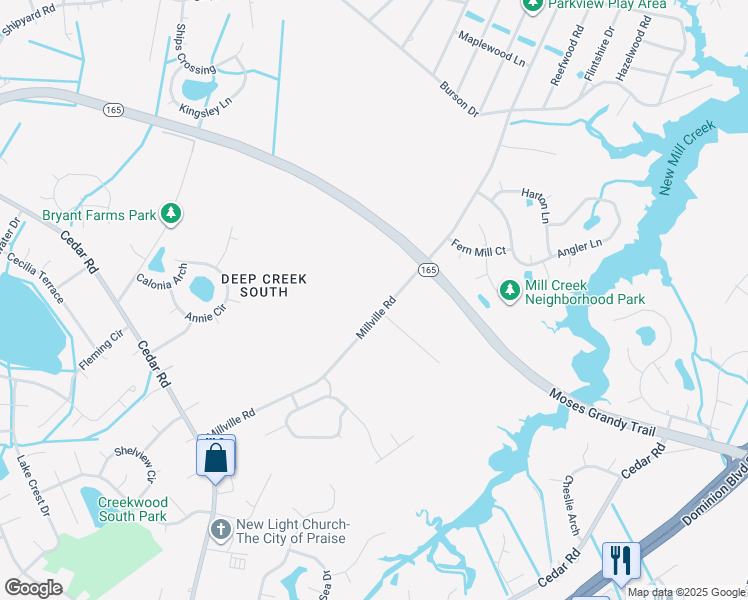 map of restaurants, bars, coffee shops, grocery stores, and more near 2088 Millville Road in Chesapeake