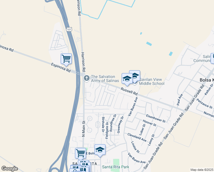 map of restaurants, bars, coffee shops, grocery stores, and more near 113 Bahia Avenue in Salinas