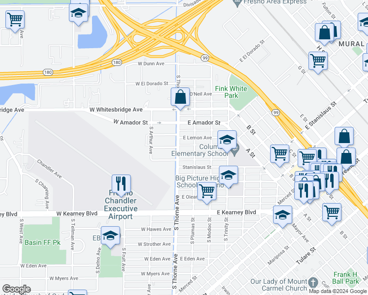 map of restaurants, bars, coffee shops, grocery stores, and more near 15 East San Joaquin Street in Fresno