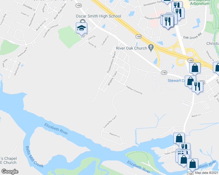 map of restaurants, bars, coffee shops, grocery stores, and more near 219 Wildlife Trce in Chesapeake