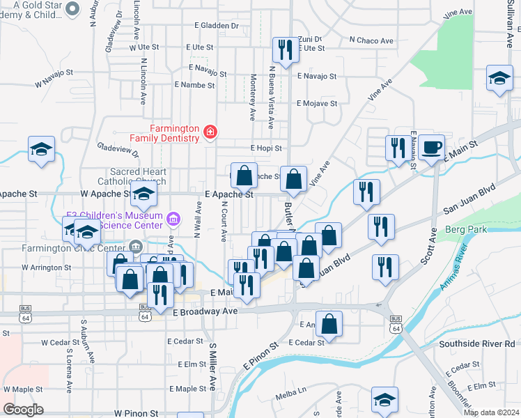 map of restaurants, bars, coffee shops, grocery stores, and more near 319 North Buena Vista Avenue in Farmington