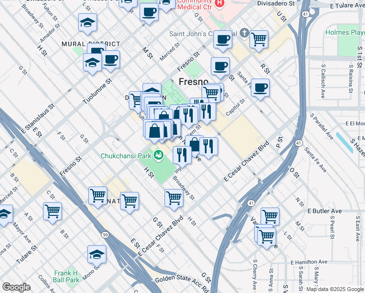 map of restaurants, bars, coffee shops, grocery stores, and more near 901 Van Ness Avenue in Fresno