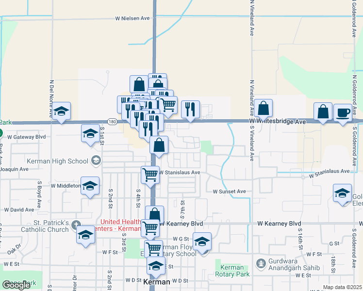 map of restaurants, bars, coffee shops, grocery stores, and more near 166 South Madera Avenue in Kerman