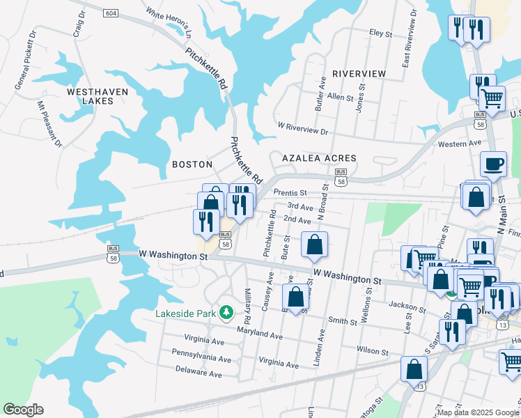 map of restaurants, bars, coffee shops, grocery stores, and more near 309 Pitchkettle Road in Suffolk