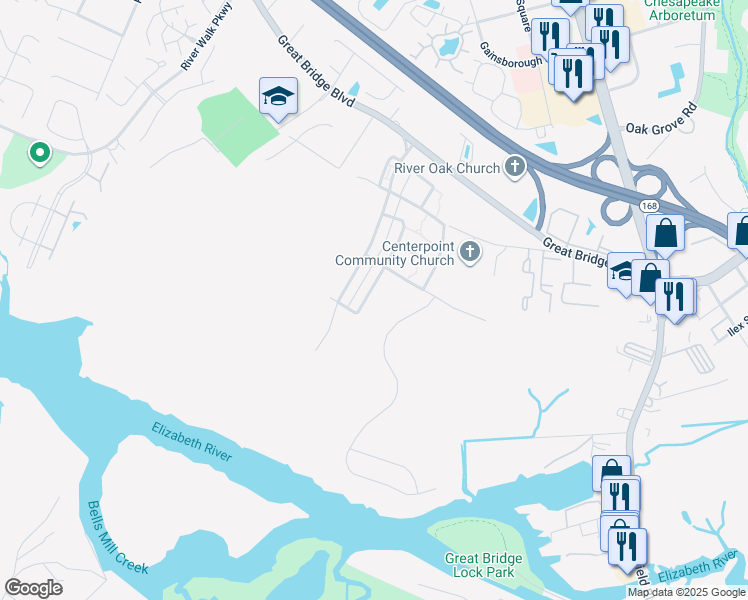 map of restaurants, bars, coffee shops, grocery stores, and more near 219 Wildlife Trce in Chesapeake
