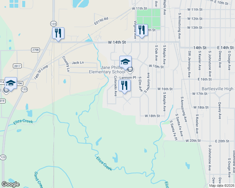 map of restaurants, bars, coffee shops, grocery stores, and more near 1573 Colorado Avenue in Bartlesville