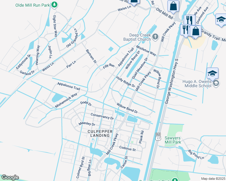 map of restaurants, bars, coffee shops, grocery stores, and more near 657 Willow Bend Drive in Chesapeake