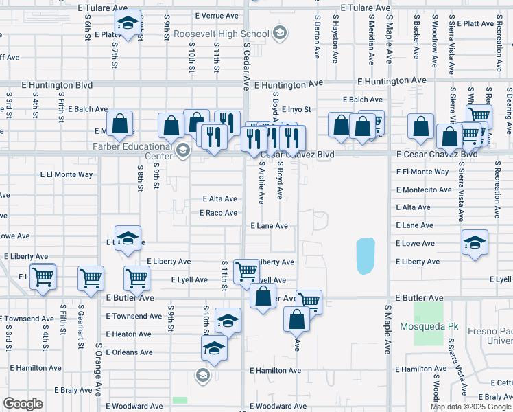 map of restaurants, bars, coffee shops, grocery stores, and more near 926 South Archie Avenue in Fresno