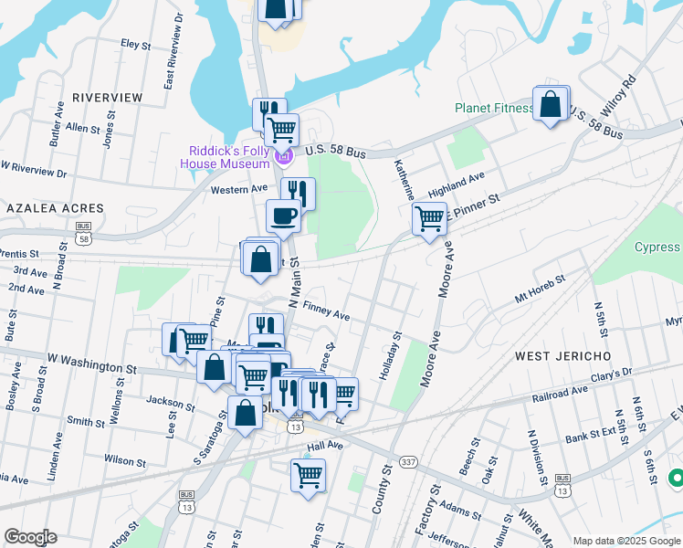 map of restaurants, bars, coffee shops, grocery stores, and more near 107 Grayson Court in Suffolk