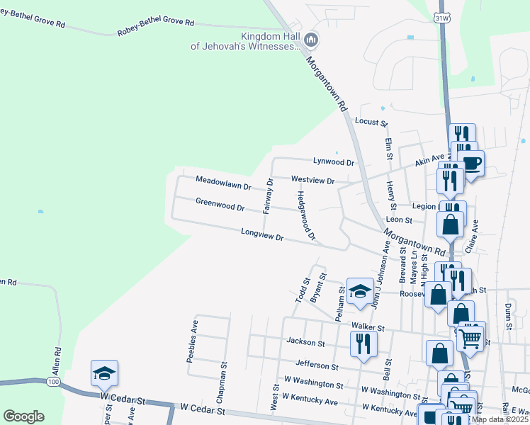 map of restaurants, bars, coffee shops, grocery stores, and more near 599 Greenwood Dr in Franklin