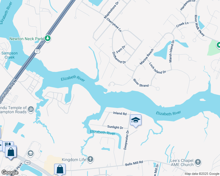 map of restaurants, bars, coffee shops, grocery stores, and more near 103 Marina Reach in Chesapeake