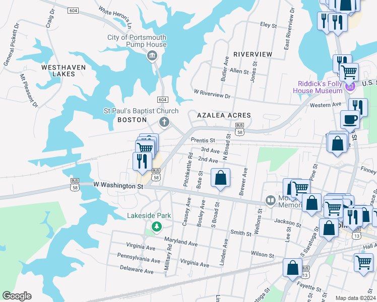 map of restaurants, bars, coffee shops, grocery stores, and more near 305 Pitchkettle Road in Suffolk
