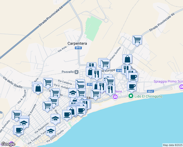 map of restaurants, bars, coffee shops, grocery stores, and more near 83 Viale Papa Giovanni XXIII in Pozzallo