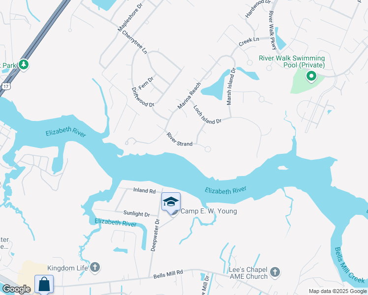 map of restaurants, bars, coffee shops, grocery stores, and more near 713 River Strand in Chesapeake