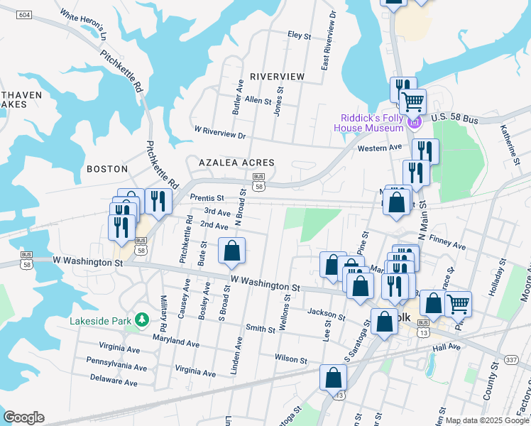 map of restaurants, bars, coffee shops, grocery stores, and more near 139 Brewer Avenue in Suffolk