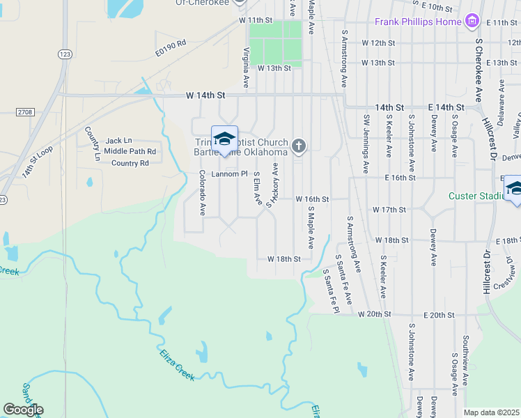 map of restaurants, bars, coffee shops, grocery stores, and more near 1608 South Hickory Avenue in Bartlesville