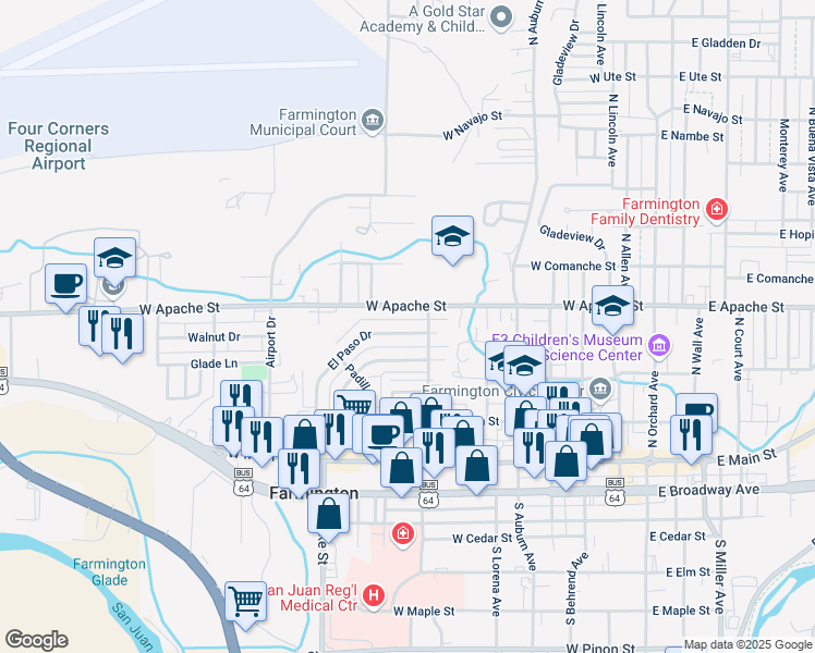 map of restaurants, bars, coffee shops, grocery stores, and more near 701 West Apache Street in Farmington