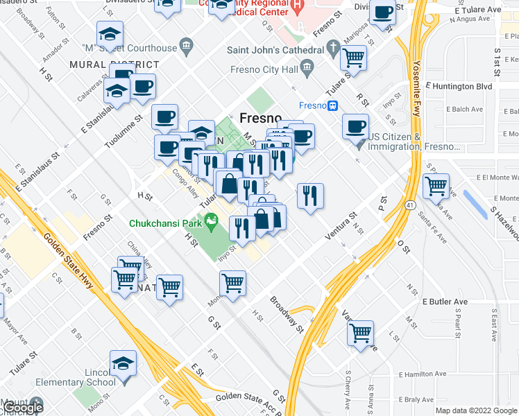 map of restaurants, bars, coffee shops, grocery stores, and more near 2127 Inyo Street in Fresno