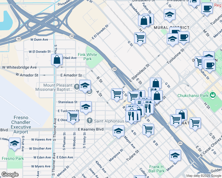 map of restaurants, bars, coffee shops, grocery stores, and more near 1550 B Street in Fresno