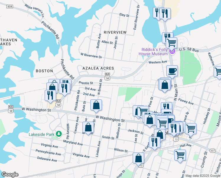 map of restaurants, bars, coffee shops, grocery stores, and more near 139 Brewer Avenue in Suffolk