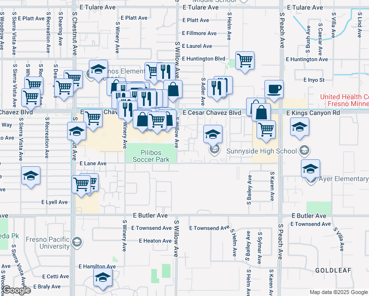 map of restaurants, bars, coffee shops, grocery stores, and more near 962 South Pierce Avenue in Fresno