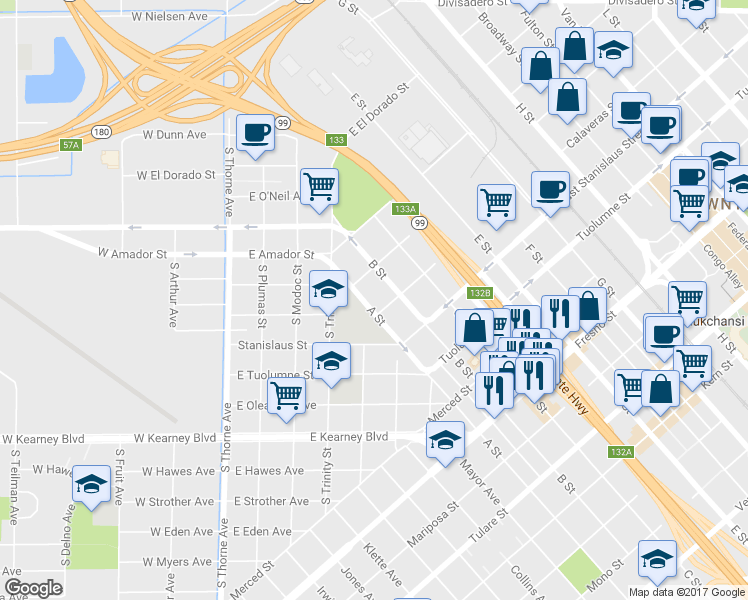map of restaurants, bars, coffee shops, grocery stores, and more near 1628 A Street in Fresno