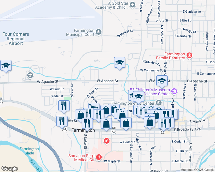 map of restaurants, bars, coffee shops, grocery stores, and more near 701 West Apache Street in Farmington