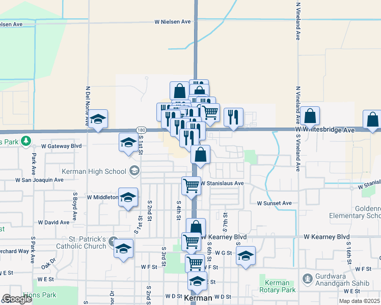 map of restaurants, bars, coffee shops, grocery stores, and more near 170 South Madera Avenue in Kerman